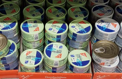 MSC certified tuna cans at a shelve in a retail store in germany